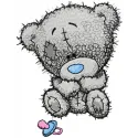 Tiny teddy bear embroidery design featuring a child's dummy, perfect for baby onesies and blankets.