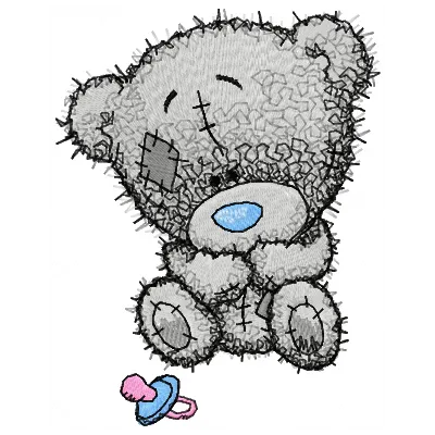 Tiny teddy bear embroidery design featuring a child's dummy, perfect for baby onesies and blankets.