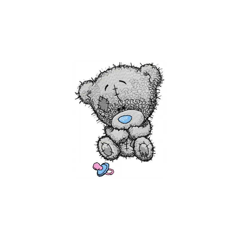 Tiny teddy bear embroidery design featuring a child's dummy, perfect for baby onesies and blankets.
