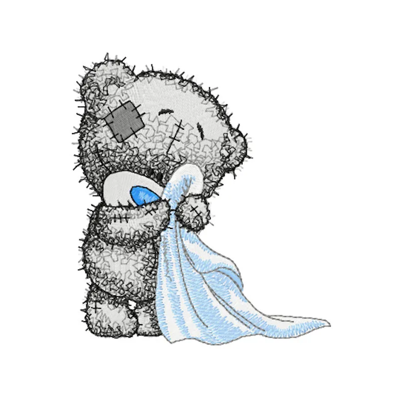 Teddy bear in the bathroom embroidery design featuring a cute bear surrounded by bath accessories.