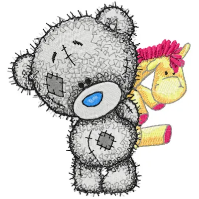 Teddy Baby with toy embroidery design showcasing a cute teddy bear, perfect for baby onesies and blankets.