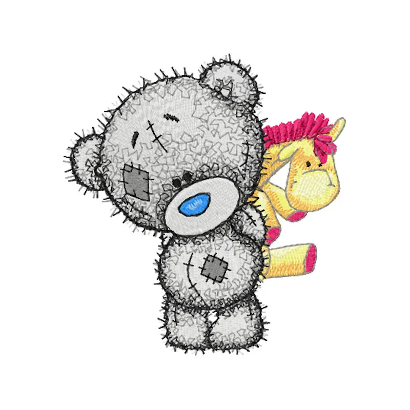 Teddy Baby with toy embroidery design showcasing a cute teddy bear, perfect for baby onesies and blankets.