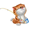 Cat fishing embroidery design featuring a playful feline catching fish, ideal for stitching on totes and t-shirts.
