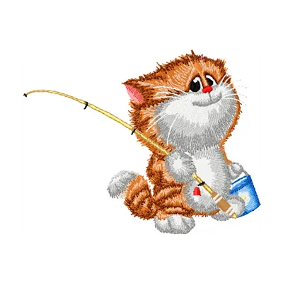 Cat fishing embroidery design featuring a playful feline catching fish, ideal for stitching on totes and t-shirts.