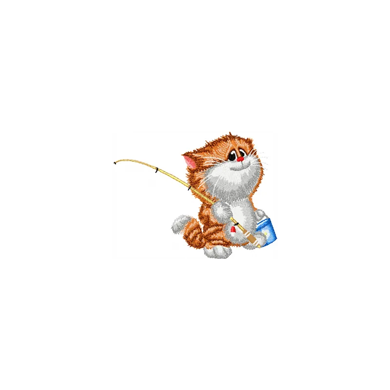 Cat fishing embroidery design featuring a playful feline catching fish, ideal for stitching on totes and t-shirts.