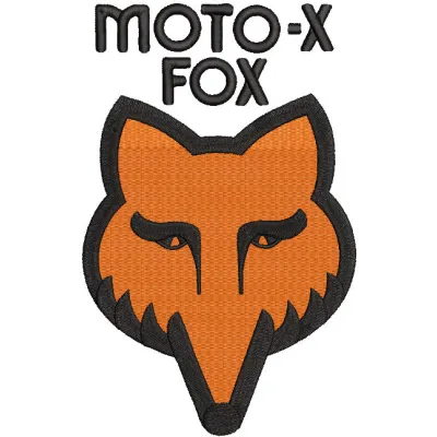Embroidery design preview of the Moto-X Fox logo, showcasing vibrant colors and detailed stitching.
