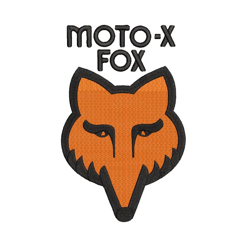 Embroidery design preview of the Moto-X Fox logo, showcasing vibrant colors and detailed stitching.