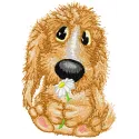 Adorable dog embroidery design featuring a flower, perfect for stitching on t-shirts or tote bags.