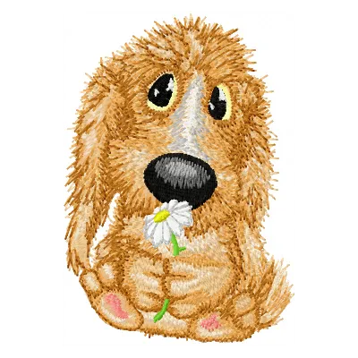 Adorable dog embroidery design featuring a flower, perfect for stitching on t-shirts or tote bags.