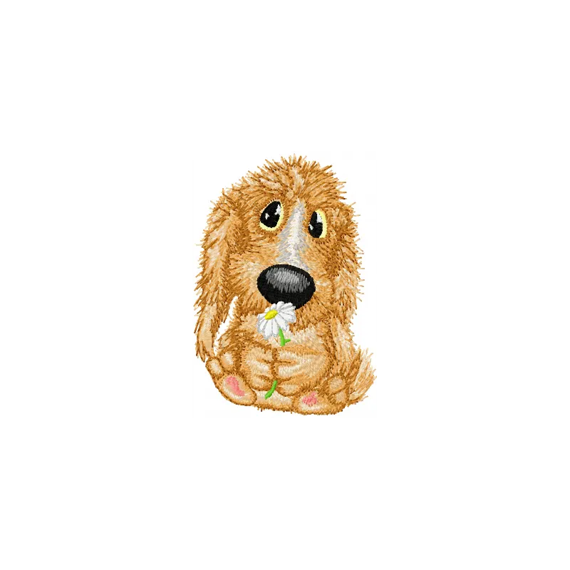 Adorable dog embroidery design featuring a flower, perfect for stitching on t-shirts or tote bags.