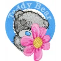 Teddy bear embroidery design featuring a flower badge, ideal for creating charming stitched motifs on various items.