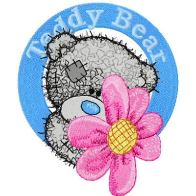 Teddy bear embroidery design featuring a flower badge, ideal for creating charming stitched motifs on various items.