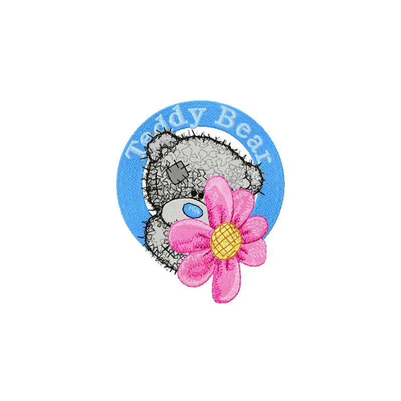 Teddy bear embroidery design featuring a flower badge, ideal for creating charming stitched motifs on various items.