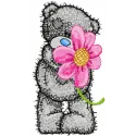 Teddy bear surrounded by colorful flowers embroidery design for charming stitching projects.