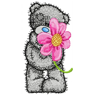 Teddy bear surrounded by colorful flowers embroidery design for charming stitching projects.