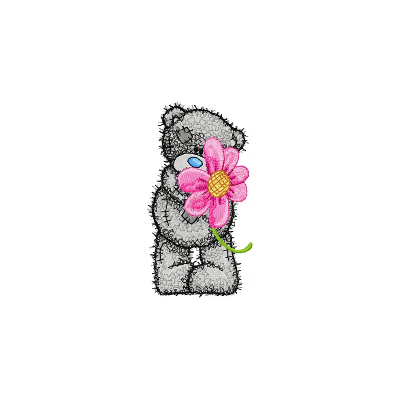 Teddy bear surrounded by colorful flowers embroidery design for charming stitching projects.