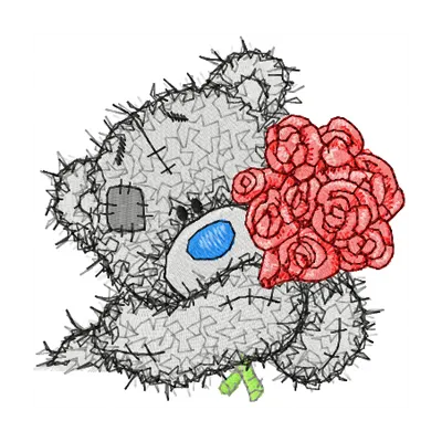 Teddy Bear with roses embroidery design showcasing a charming stitched motif perfect for baby onesies and pillows.