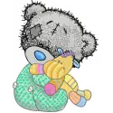 Embroidery design featuring a cute teddy bear and its favorite toy, ideal for stitching on baby onesies or pillows.