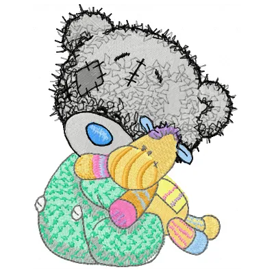 Embroidery design featuring a cute teddy bear and its favorite toy, ideal for stitching on baby onesies or pillows.