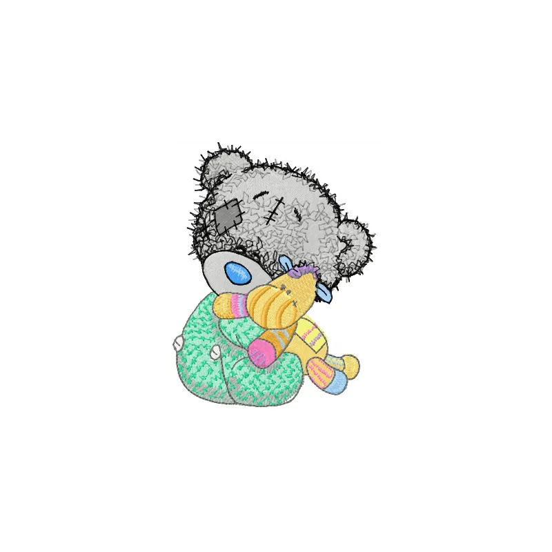 Embroidery design featuring a cute teddy bear and its favorite toy, ideal for stitching on baby onesies or pillows.
