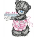 Teddy bear making cupcakes embroidery design featuring a cute teddy in a colorful kitchen setting.