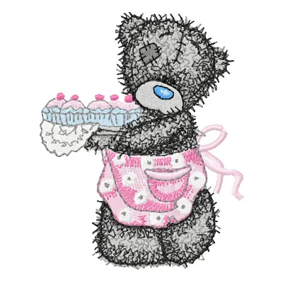 Teddy bear making cupcakes embroidery design featuring a cute teddy in a colorful kitchen setting.