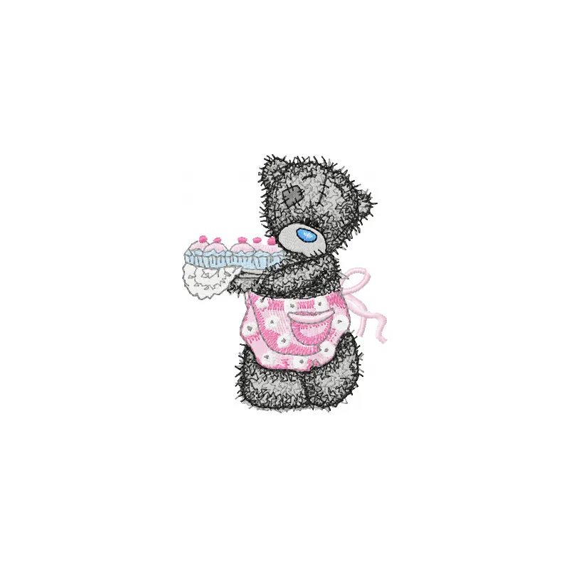 Teddy bear making cupcakes embroidery design featuring a cute teddy in a colorful kitchen setting.