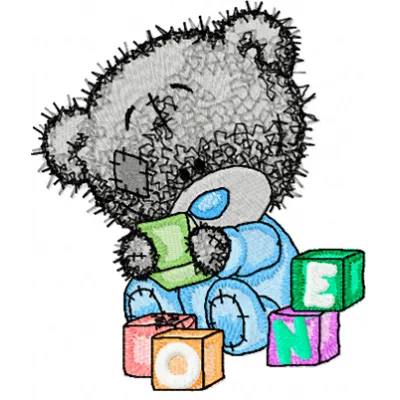 Tatty Teddy Bear play embroidery design showcasing a cute bear motif for stitching on baby onesies or blankets.