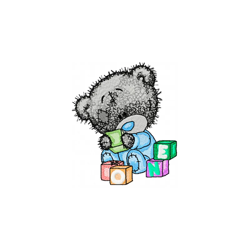 Tatty Teddy Bear play embroidery design showcasing a cute bear motif for stitching on baby onesies or blankets.