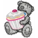 Teddy bear holding a big cupcake embroidery design, perfect for stitching on children's apparel and gifts.