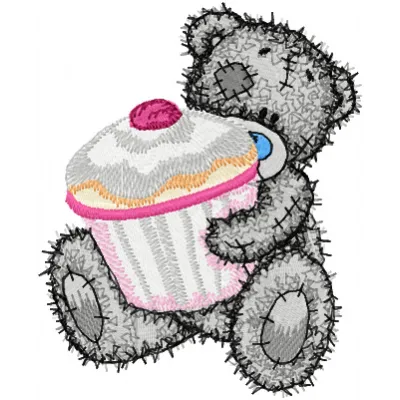 Teddy bear holding a big cupcake embroidery design, perfect for stitching on children's apparel and gifts.