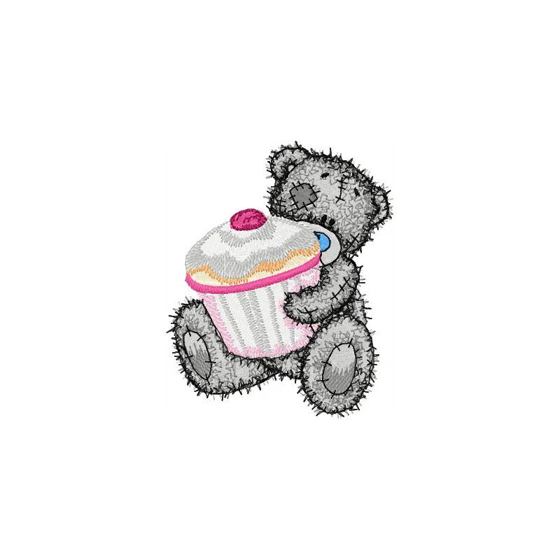 Teddy bear holding a big cupcake embroidery design, perfect for stitching on children's apparel and gifts.