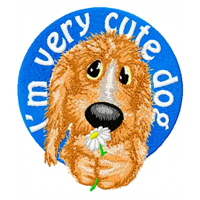 Adorable embroidery design featuring a cute dog with the phrase 'I'm cute, very cute', perfect for pet lovers.
