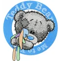 Teddy bear embroidery design featuring a playful toy badge, ideal for embellishing baby onesies and pillows.