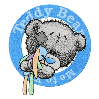 Teddy bear embroidery design featuring a playful toy badge, ideal for embellishing baby onesies and pillows.