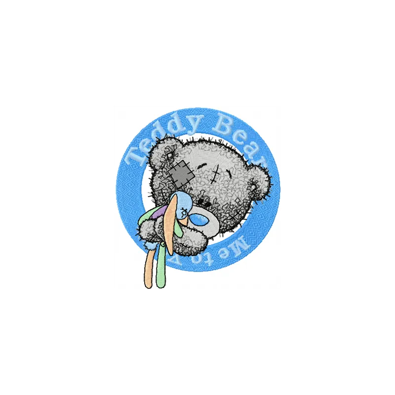 Teddy bear embroidery design featuring a playful toy badge, ideal for embellishing baby onesies and pillows.