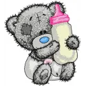 Teddy bear embroidery design holding a bottle of milk, ideal for decorating baby onesies and nursery items.