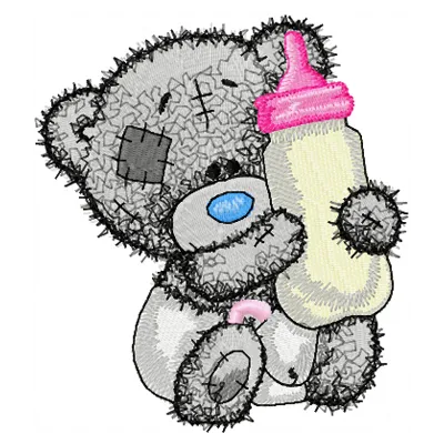 Teddy bear embroidery design holding a bottle of milk, ideal for decorating baby onesies and nursery items.