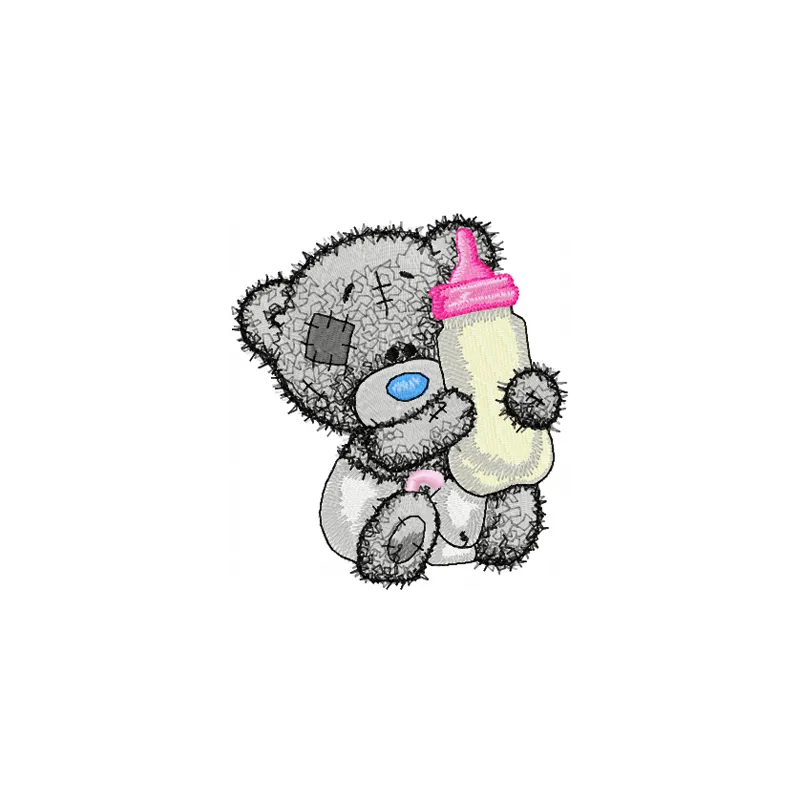 Teddy bear embroidery design holding a bottle of milk, ideal for decorating baby onesies and nursery items.