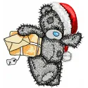Embroidery design preview of a festive teddy bear postman for Christmas, perfect for stitching on holiday gifts.