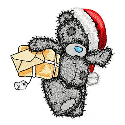 Embroidery design preview of a festive teddy bear postman for Christmas, perfect for stitching on holiday gifts.