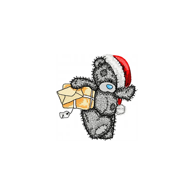 Embroidery design preview of a festive teddy bear postman for Christmas, perfect for stitching on holiday gifts.