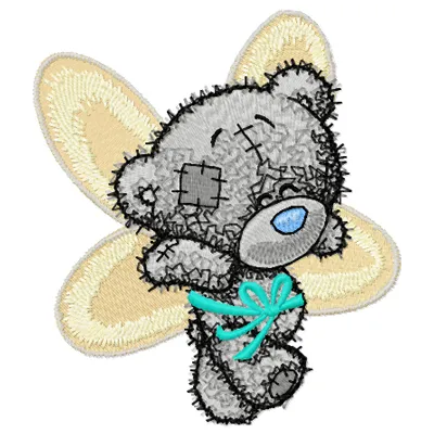 Teddy Bear can fly embroidery design featuring a whimsical bear with wings, perfect for children's items.