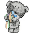 Embroidery design of a tiny teddy bear holding a toy, perfect for personalizing baby onesies or pillows.