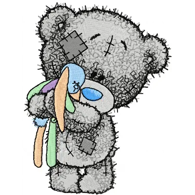 Embroidery design of a tiny teddy bear holding a toy, perfect for personalizing baby onesies or pillows.