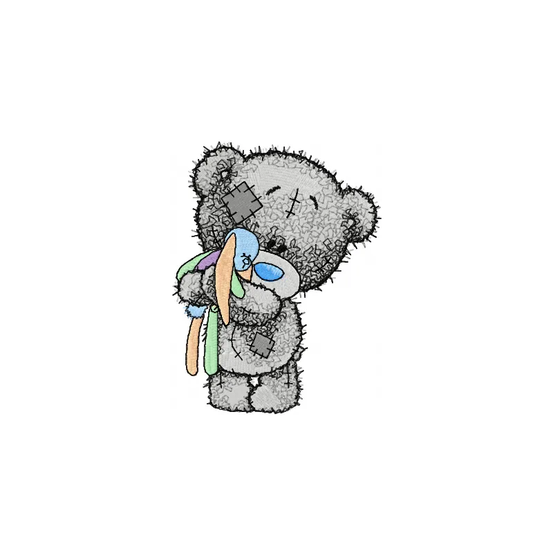 Embroidery design of a tiny teddy bear holding a toy, perfect for personalizing baby onesies or pillows.