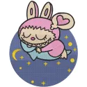 Embroidery design preview of Labubu sleeping on a pillow, showcasing detailed stitching and vibrant colors.