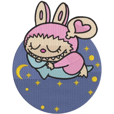 Embroidery design preview of Labubu sleeping on a pillow, showcasing detailed stitching and vibrant colors.