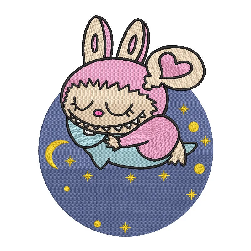 Embroidery design preview of Labubu sleeping on a pillow, showcasing detailed stitching and vibrant colors.
