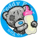 Teddy bear badge embroidery design featuring a cute bear holding a bottle of milk, perfect for baby items.